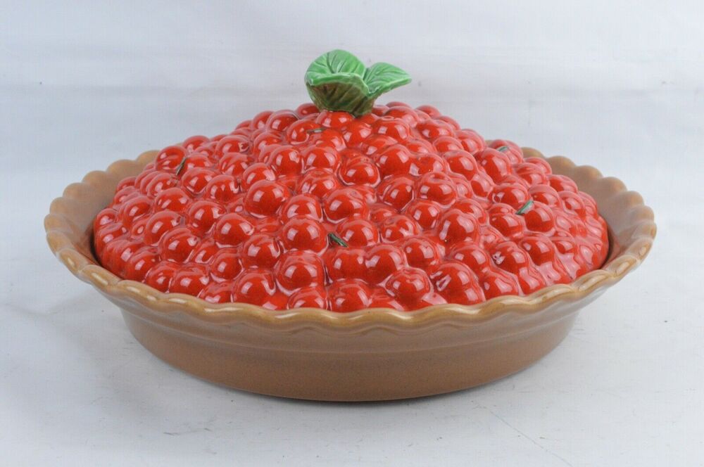 Treasure Craft Cherry Pie Keeper Dish w Lid Red Ceramic 13" Vintage